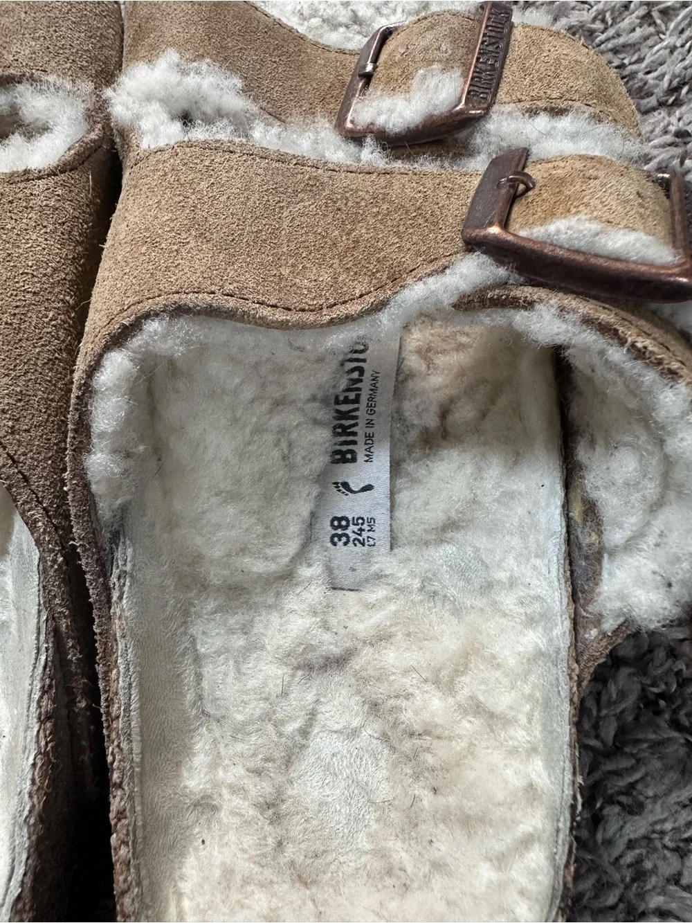 Birkenstock Shearling Suede Sandals in Taupe and Cream Size 7